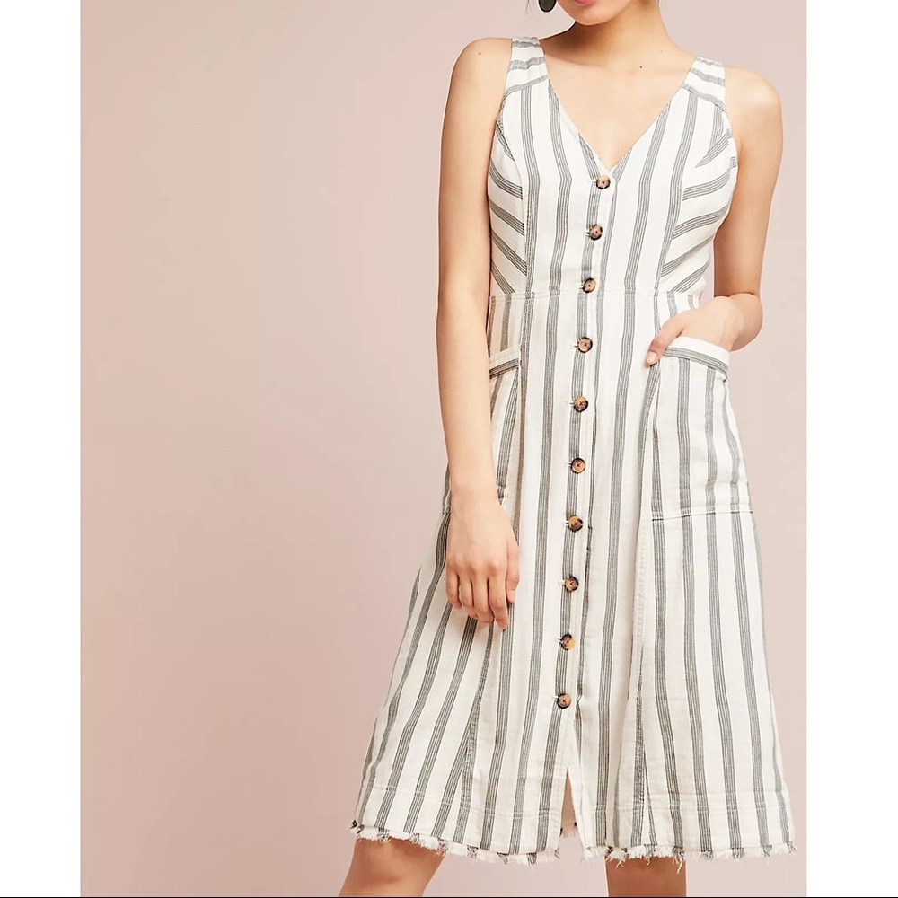 Maeve White and Gray Striped Button-Front Midi Dress